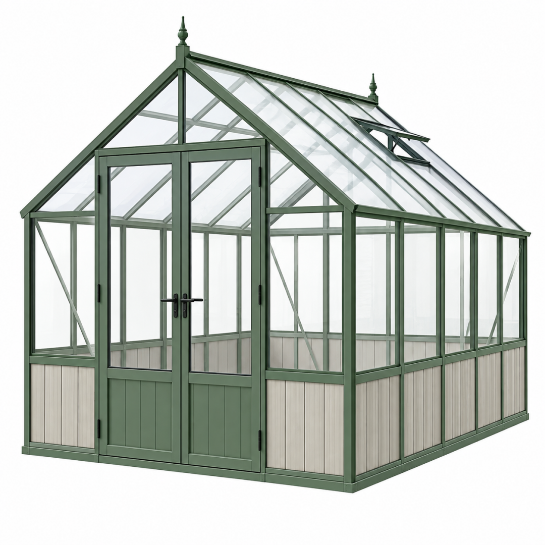 Gewächshaus 300 x 240 x 300 cm aus Metall Grün Transparent mit Doppeltür und Dachfenstern