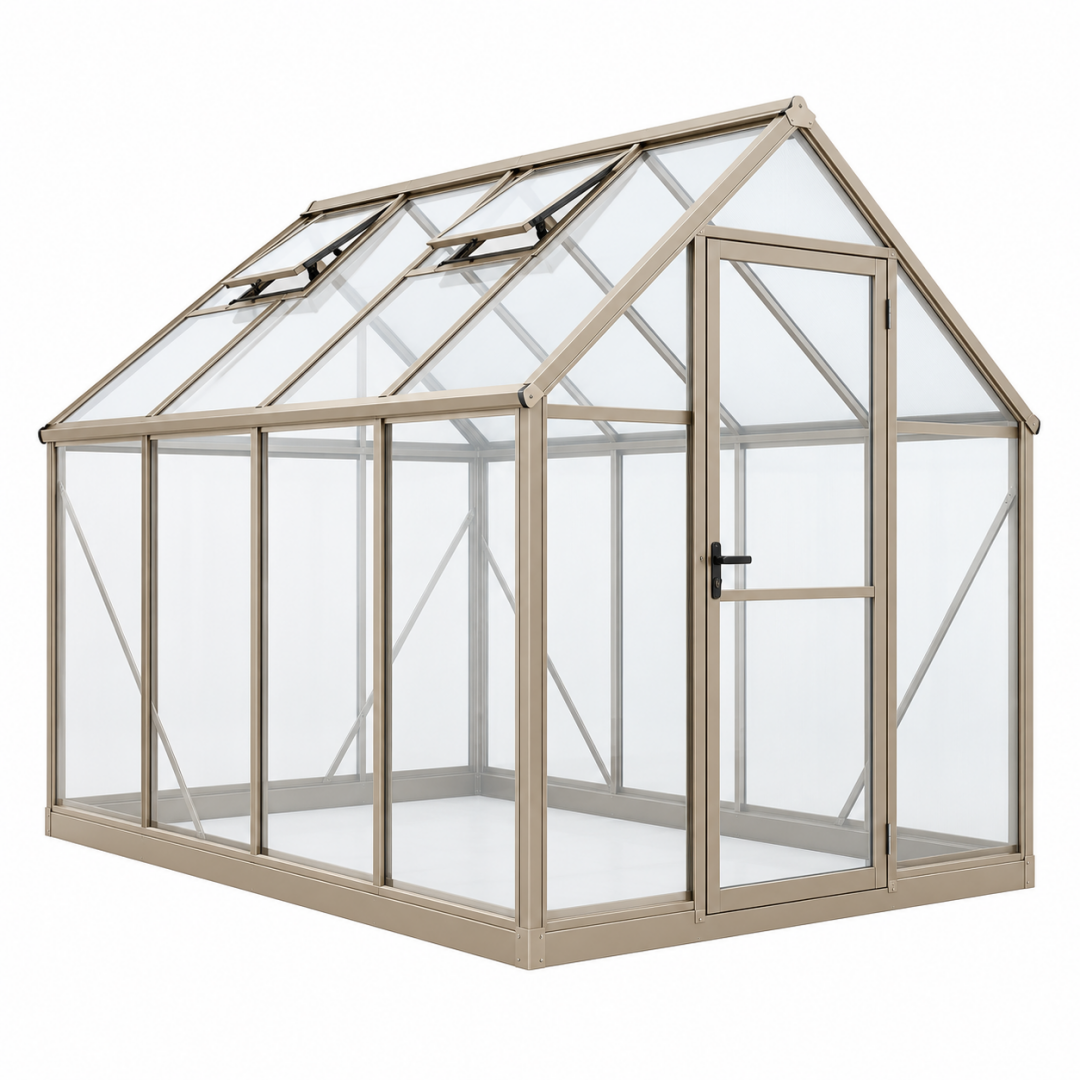 Gewächshaus 190 x 190 x 195 cm Aluminium Beige Transparent mit Schwingtür und Dachfenstern