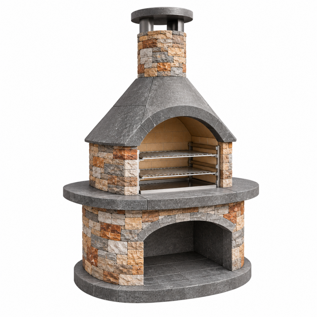 Gartengrill Ø 120 cm Naturstein Grau Braun mit Kamin und Grillrosten
