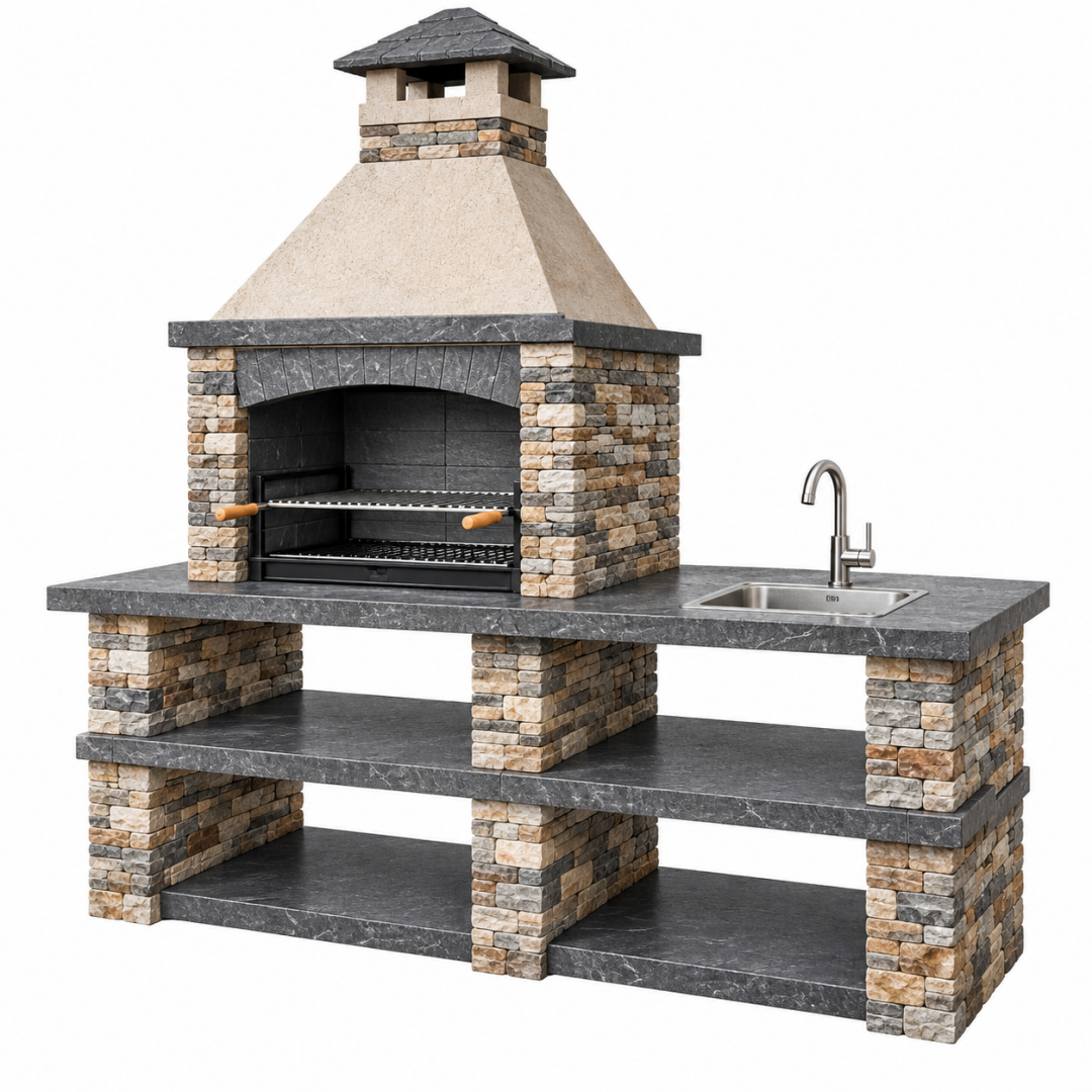 Outdoorküche 240 x 75 x 230 cm Naturstein Grau Beige mit Grillkamin und Spülbecken
