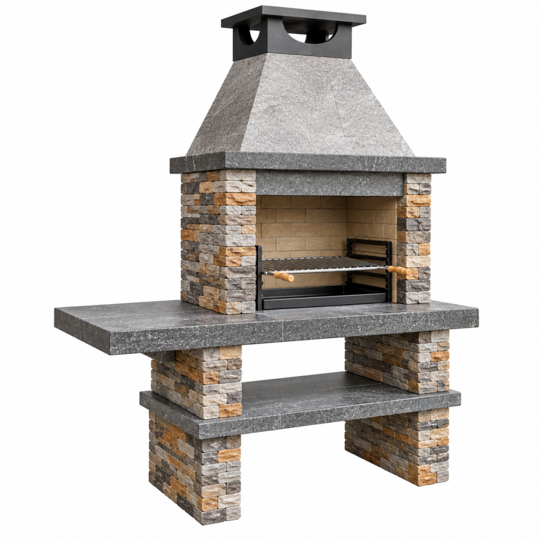 Gartengrillkamin 140 x 70 x 220 cm Naturstein Grau Braun mit Grillrost und Ablage