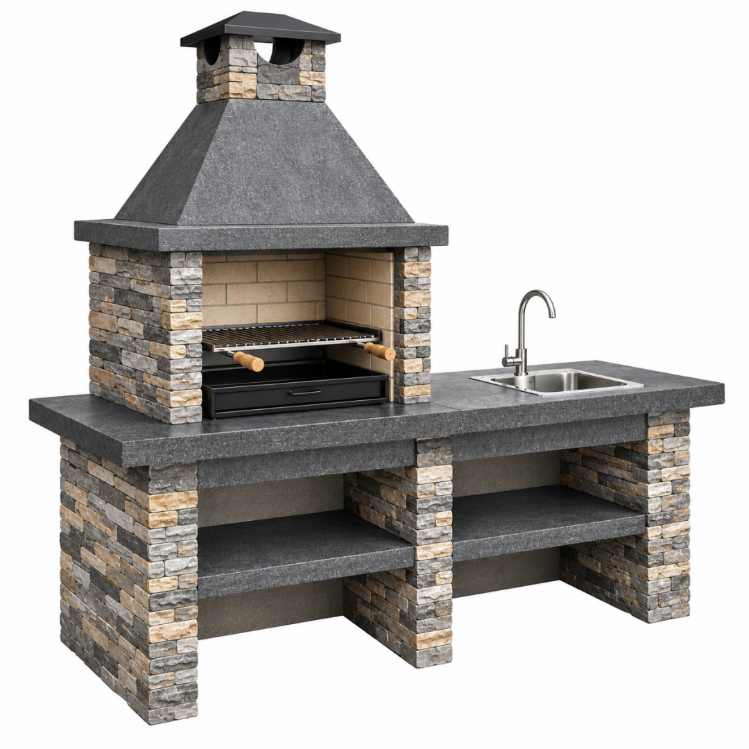 Grillküche 220 x 70 x 230 cm aus Stein Grau Braun mit Holzkohlegrill und Spüle