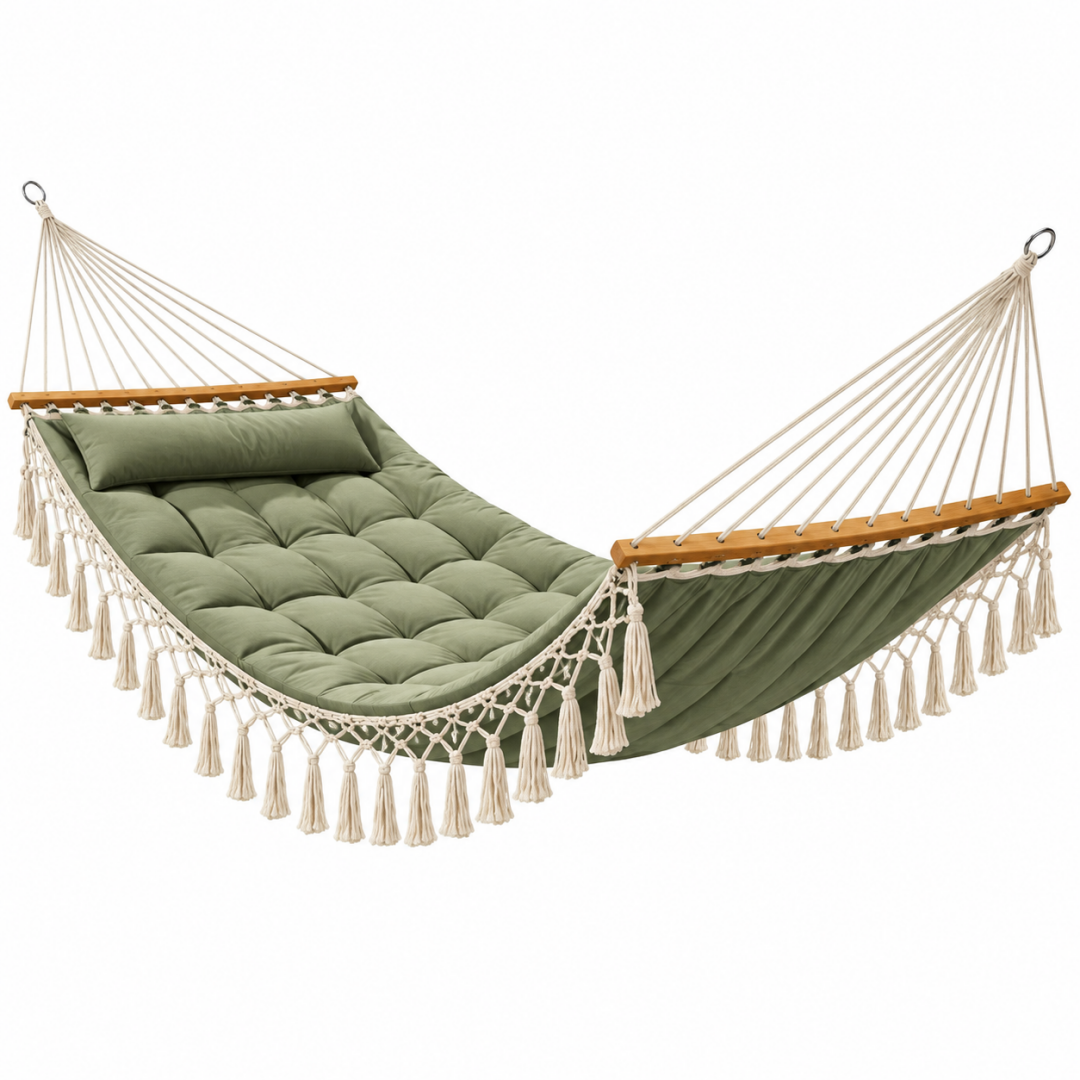 Hängematte 200 x 100 cm aus Baumwolle Grün mit Holzspreizstäben im Boho-Stil für Garten und Terrasse
