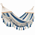 Hängematte 300 x 100 cm Baumwolle Blau Creme mit Holzstäben Boho