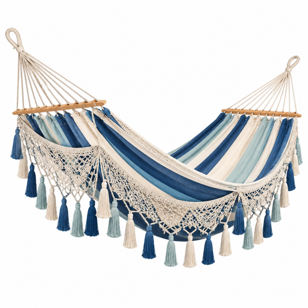 Hängematte 300 x 100 cm Baumwolle Blau Creme mit Holzstäben Boho
