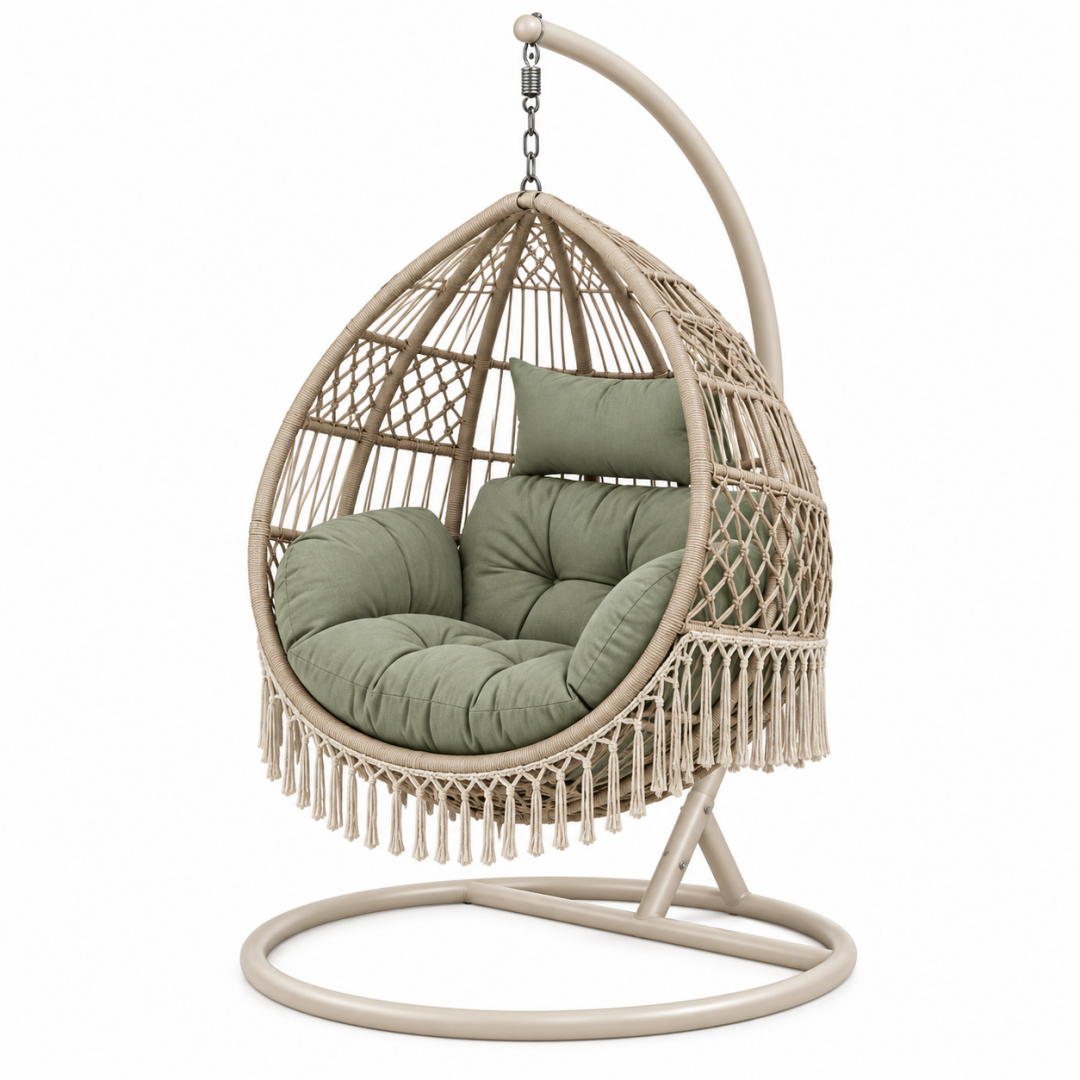 Hängesessel 105 x 95 x 195 cm aus Metall und Kunststoffgeflecht Beige/Grün mit Gestell im Boho-Stil