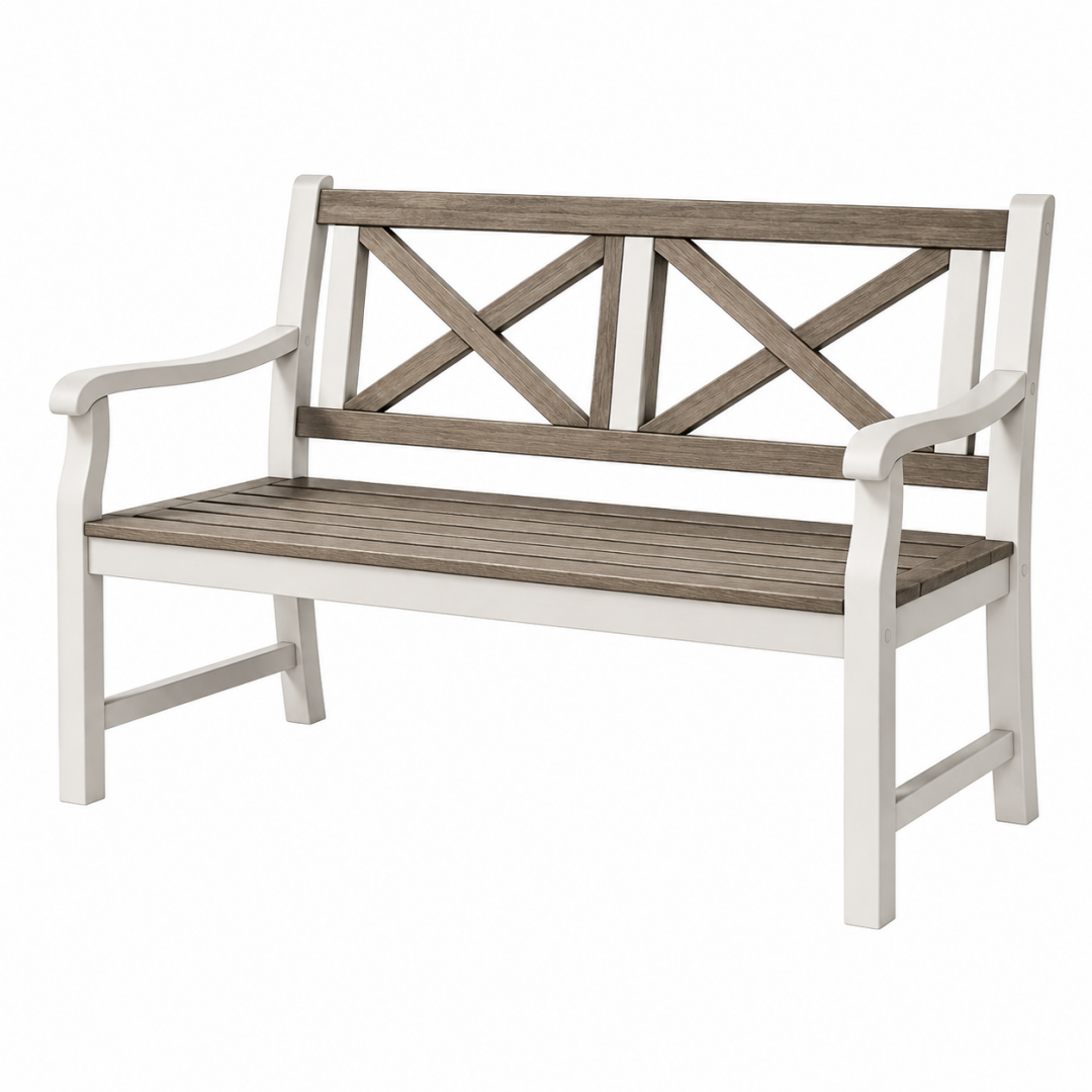 Gartenbank 122 x 65 x 94 cm Holz Weiß Graubraun Landhausstil mit Armlehnen