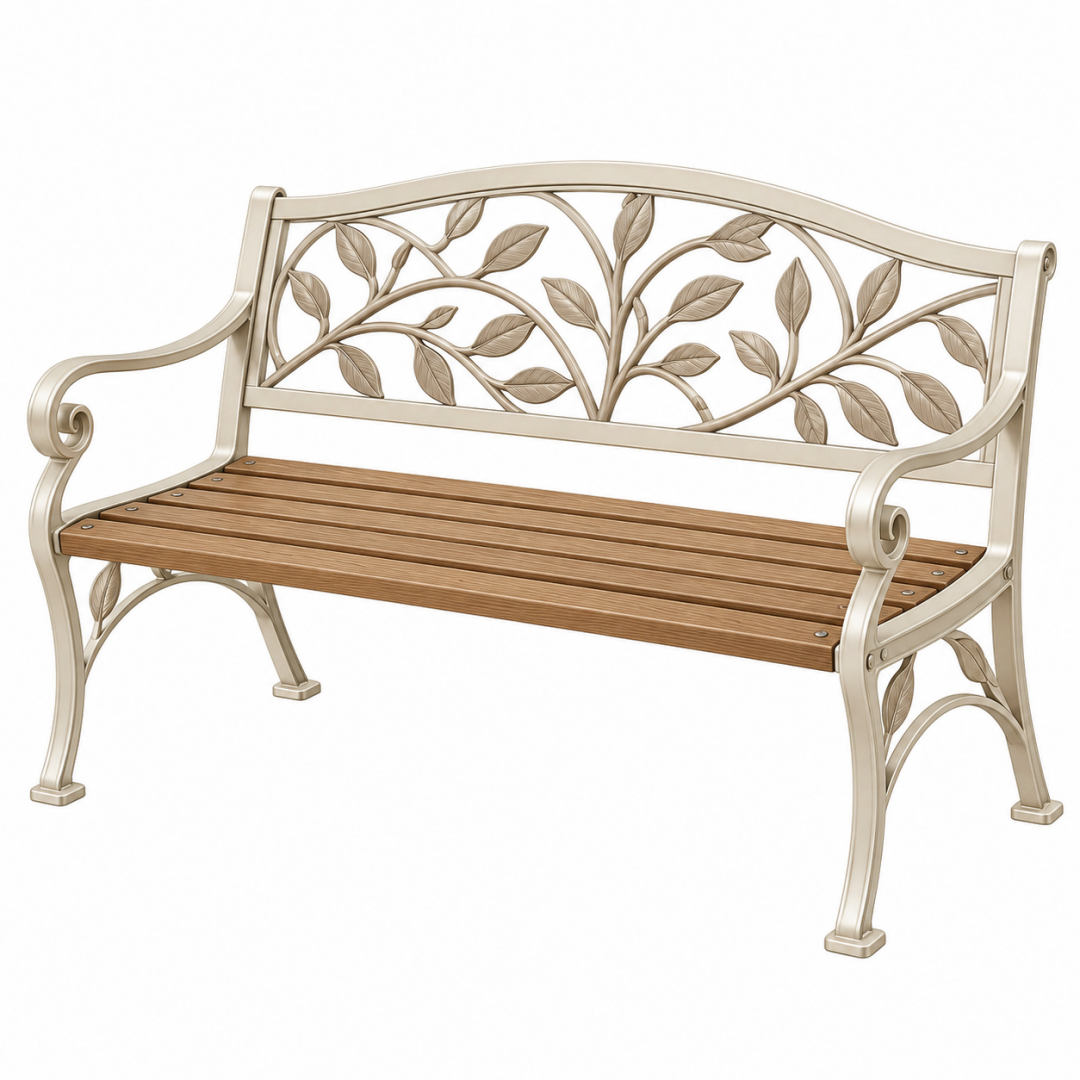 Gartenbank 125 cm Metall und Holz Beige Braun mit Blättermuster