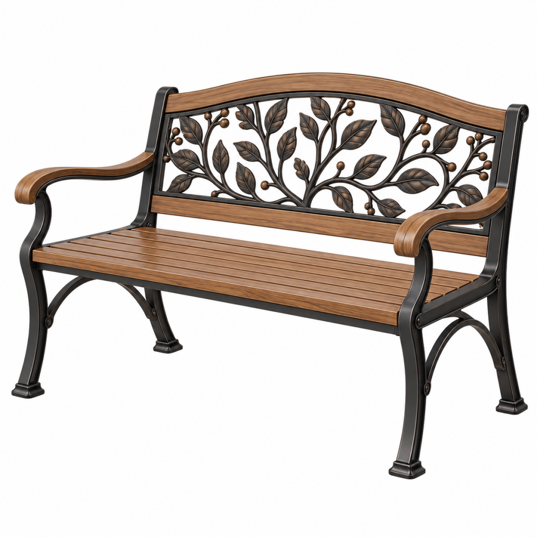 Gartenbank 122 x 62 x 90 cm Holz Metall Braun Schwarz mit Blattdekor