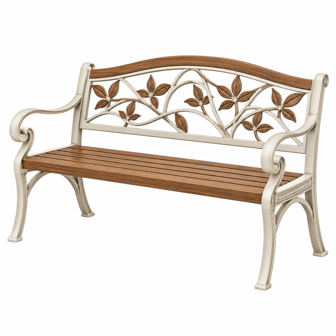 Gartenbank 125 cm Metall und Holz Braun Cremefarben mit Blattdekor