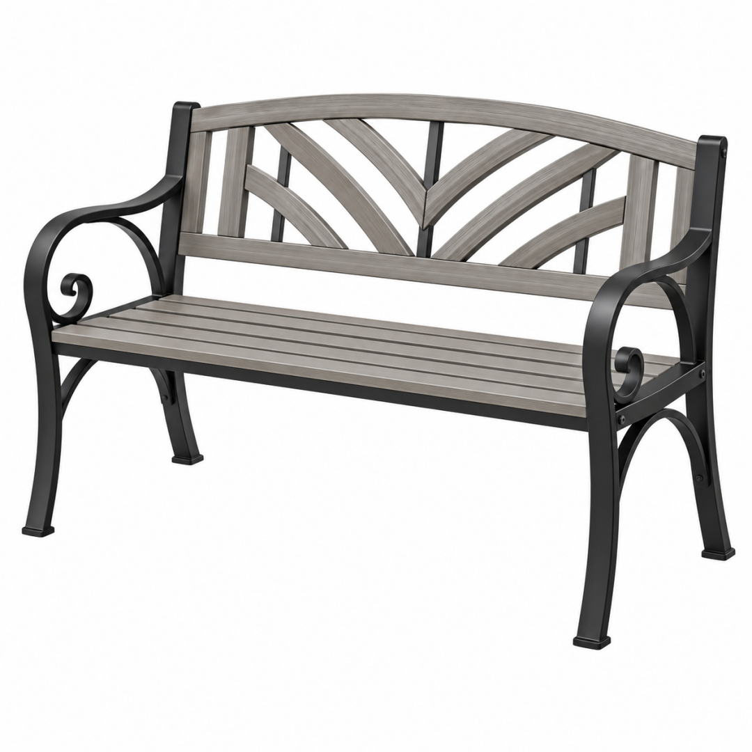 Gartenbank 122 cm Metall Grau Schwarz in Holzoptik mit Rückenlehne
