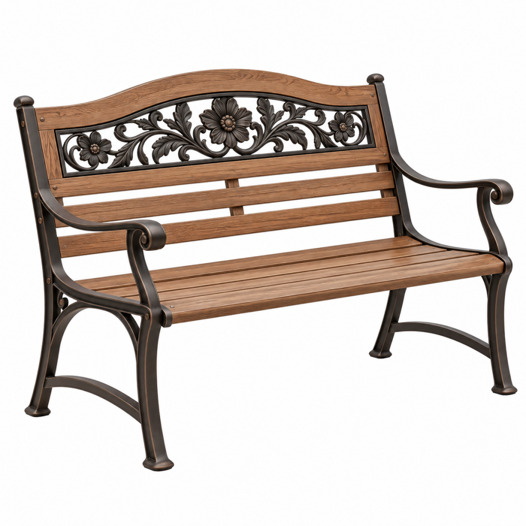 Gartenbank 122 x 62 x 91 cm aus Metall und Holz Braun Schwarz mit floralem Dekor