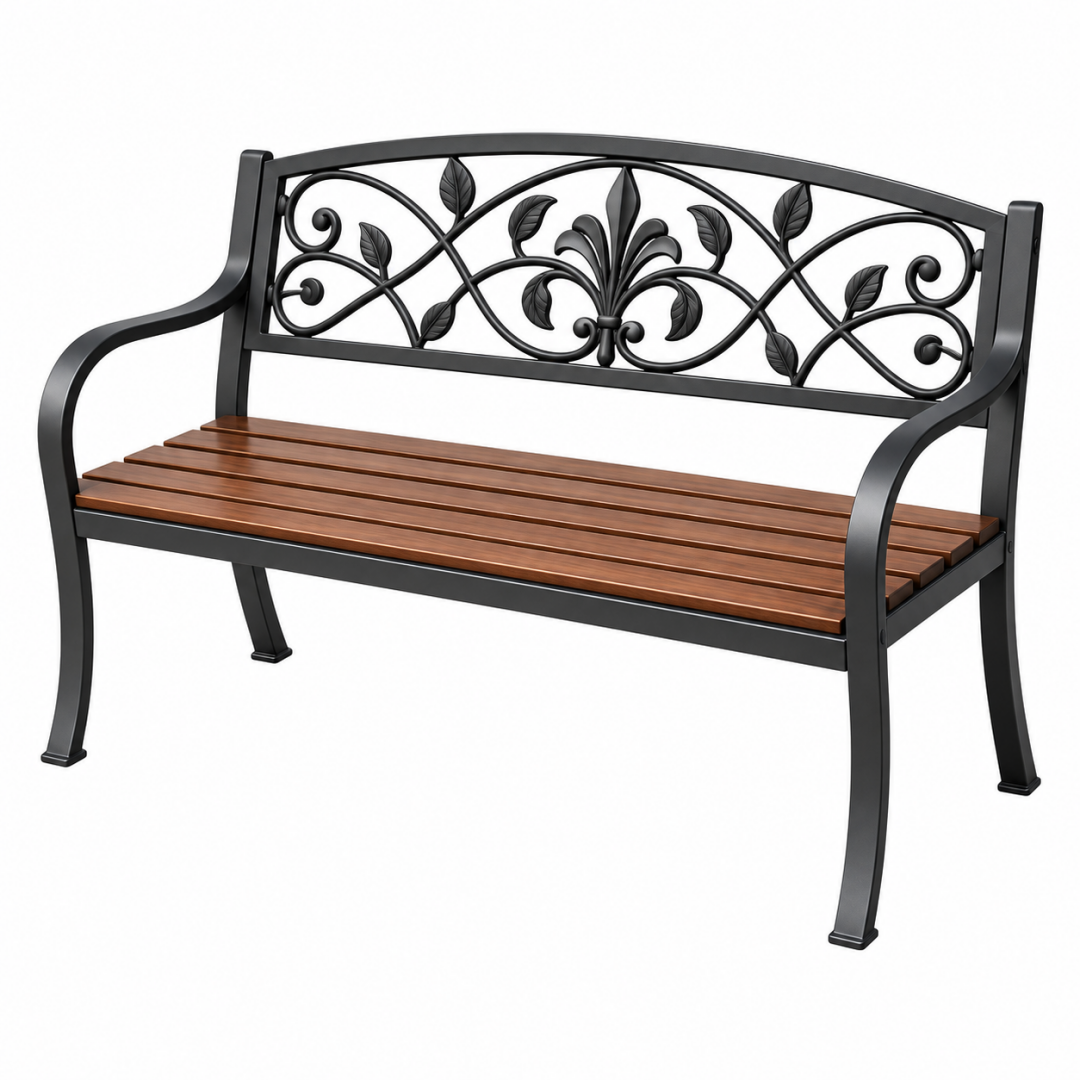 Gartenbank 122 cm Stahl und Holz Braun Schwarz mit floralem Rückenteil