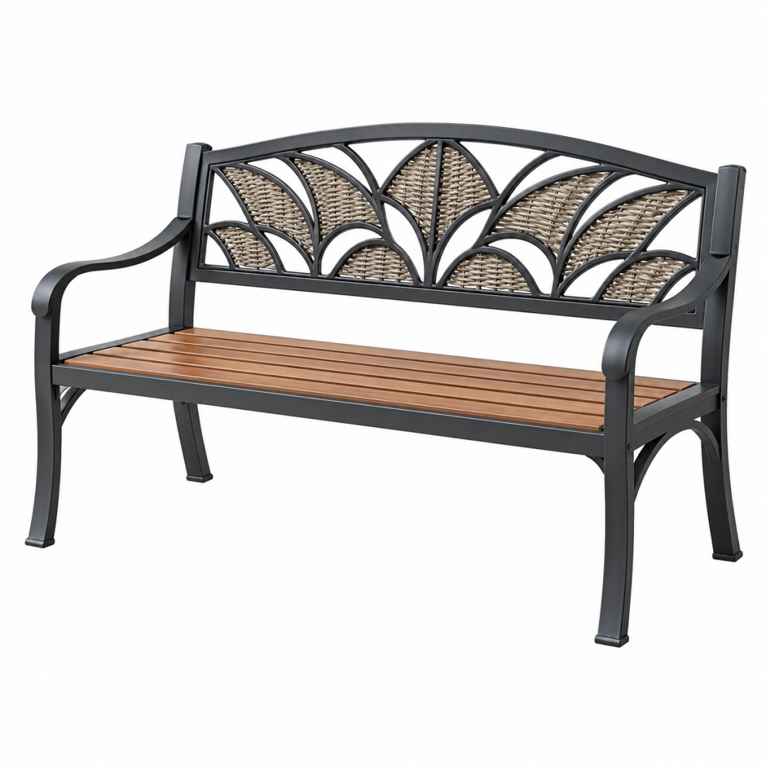 Gartenbank 125 x 60 x 89 cm aus Metall Holz und Polyrattan in Schwarz Braun - Sitzbank im Landhausstil für Garten Terrasse Balkon