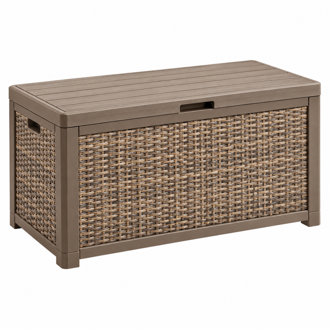 Garten-Aufbewahrungsbox 120 x 55 x 60 cm Kunststoff Geflechtoptik Taupe mit Deckel